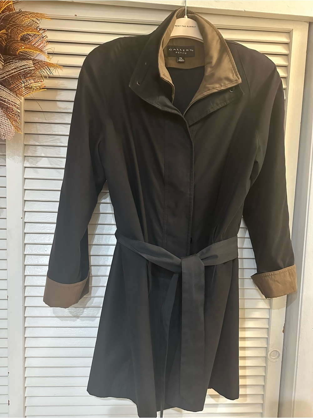 Gallery Black Trench Coat with Tan Contrast Collar & Cuffs